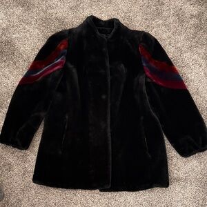 Elegant Black Faux Fur Coat with Multicolor Stripes vintage size M